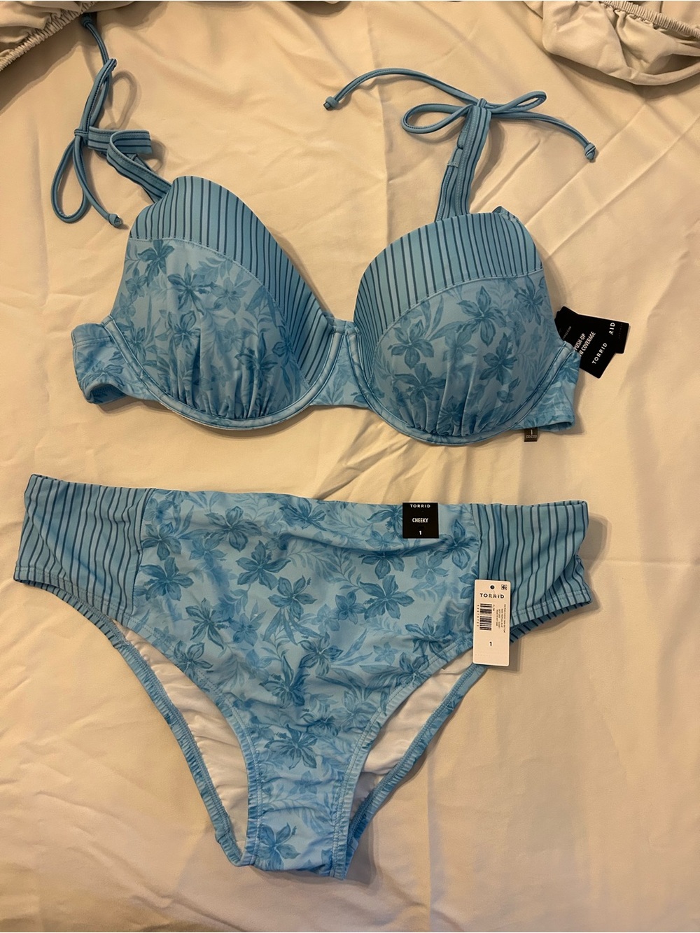 torrid light blue floral & striped underwire bikini set